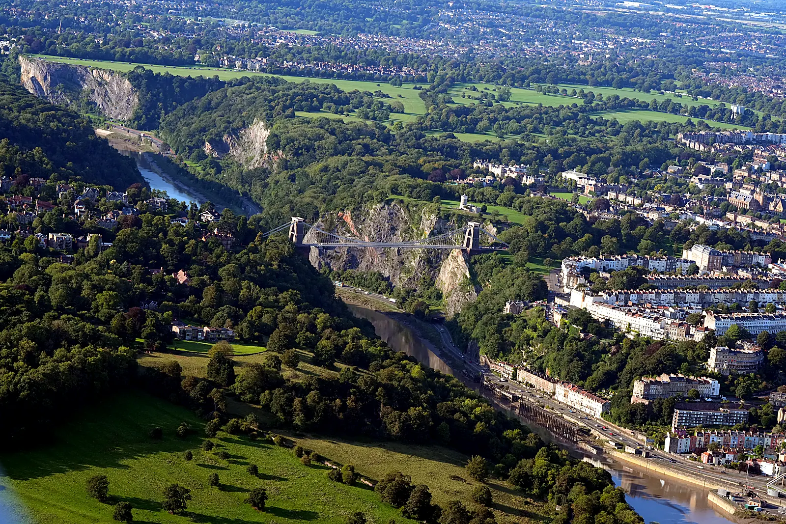 Aerial photograph of the Clifton Suspension Bridge across the Avon Gorge, Bristol
