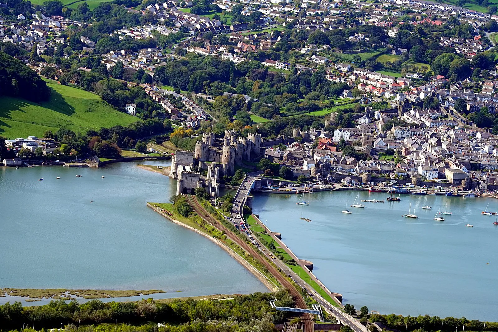 Aerial photograph of Conwy Castle and estuary, North Wales